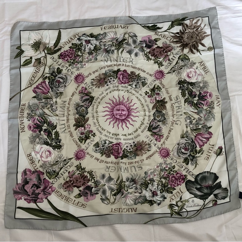 Brooks Brothers Floral Seasons/Months/Flowers Theme Silk Scarf